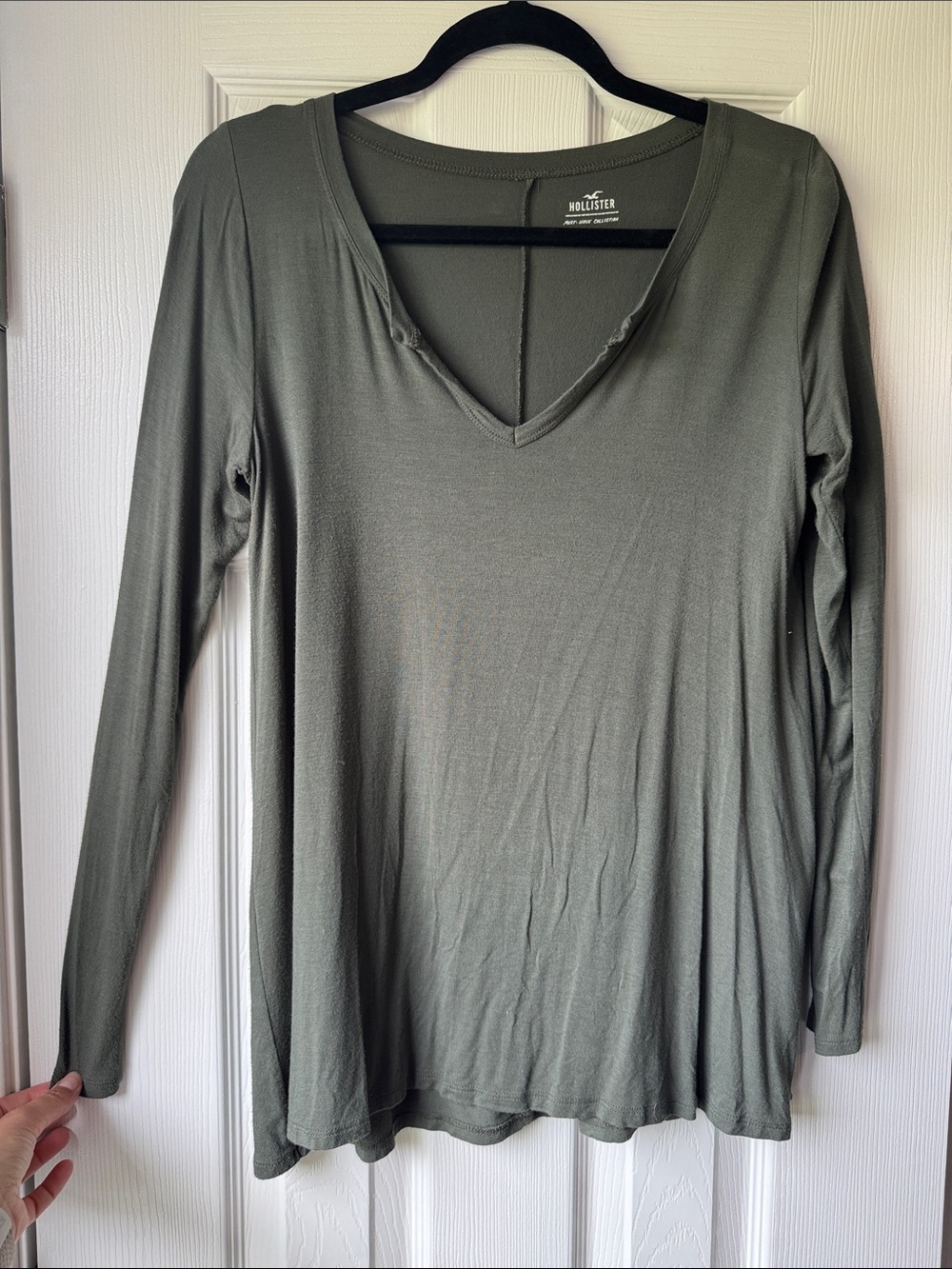 Hollister Olive V-Neck Long Sleeve Top Must Have Collection